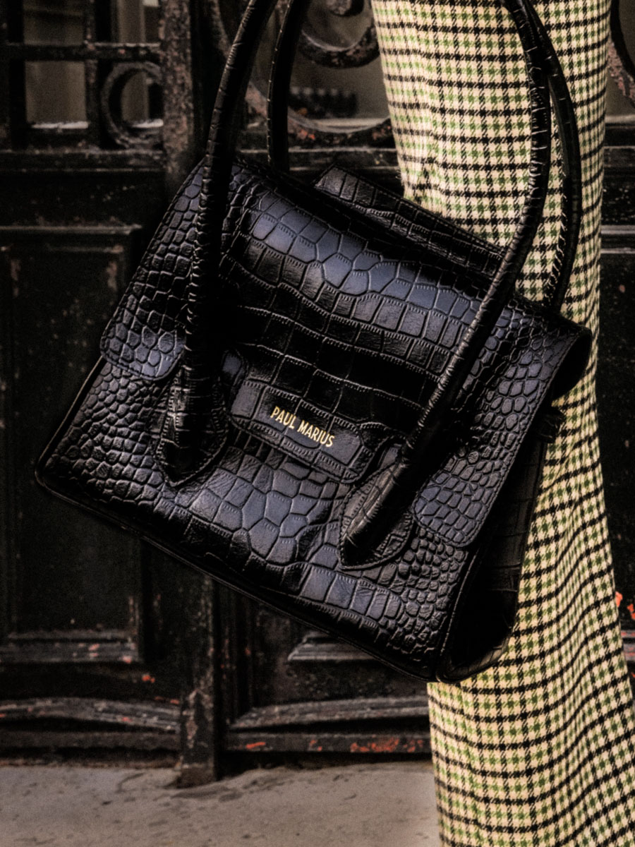 Black Leather Shoulder Bag for Women - Madeleine Alligator Jet
