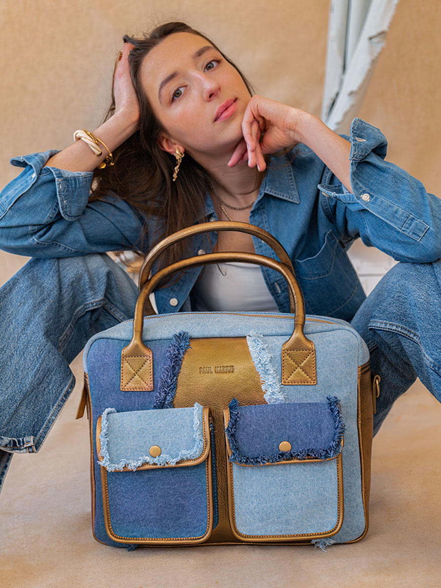 L'Indispensable Denim - sac porté épaule en cuir et jean femme