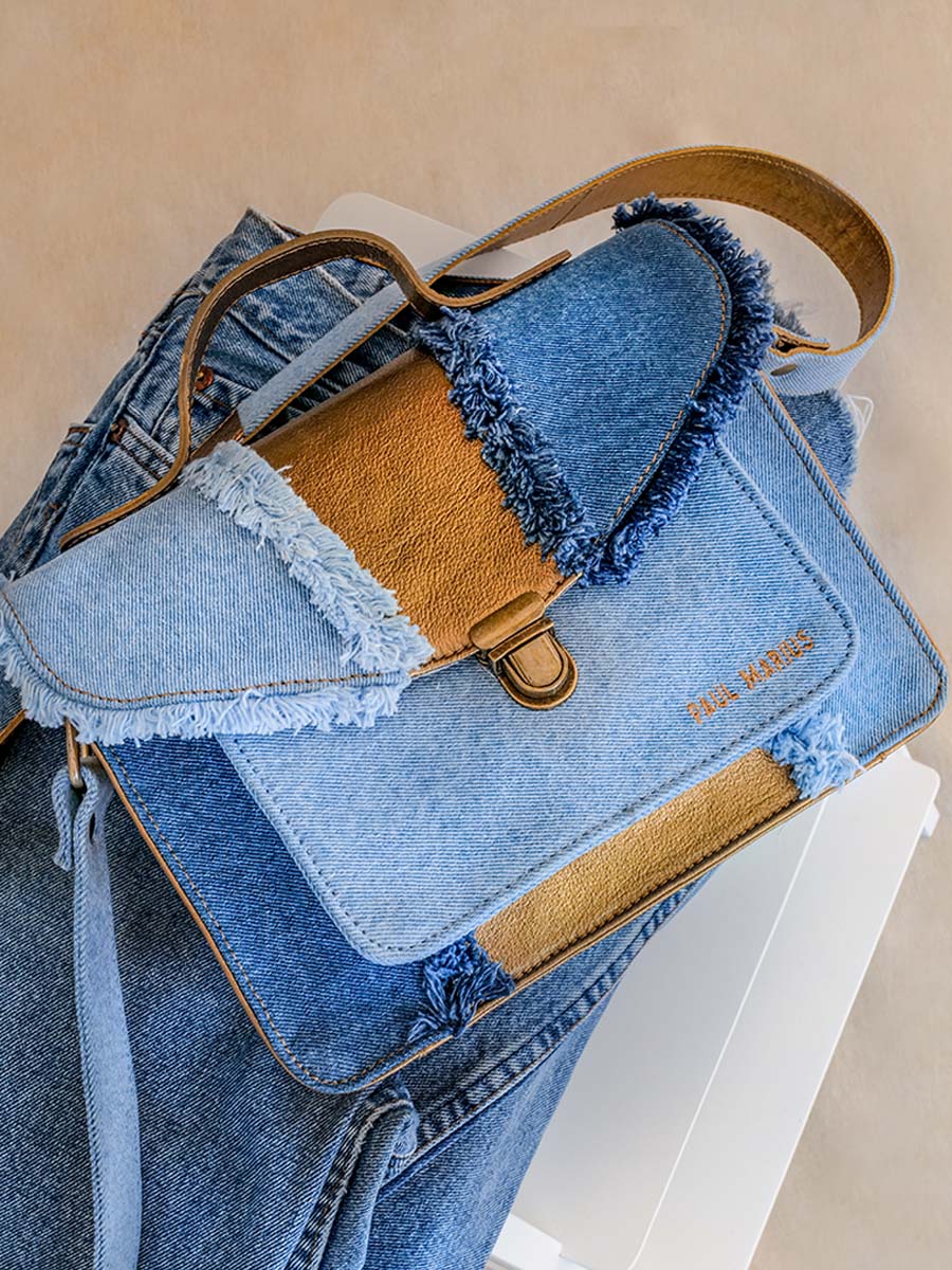 Denim and leather bag outlet