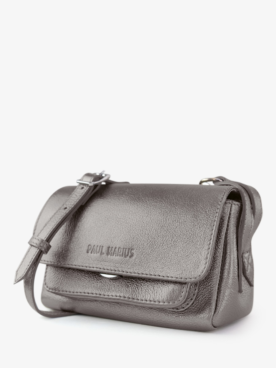 Silver Metallic Leather Mini Cross body Bag for Women Diane XS Steel PAUL MARIUS