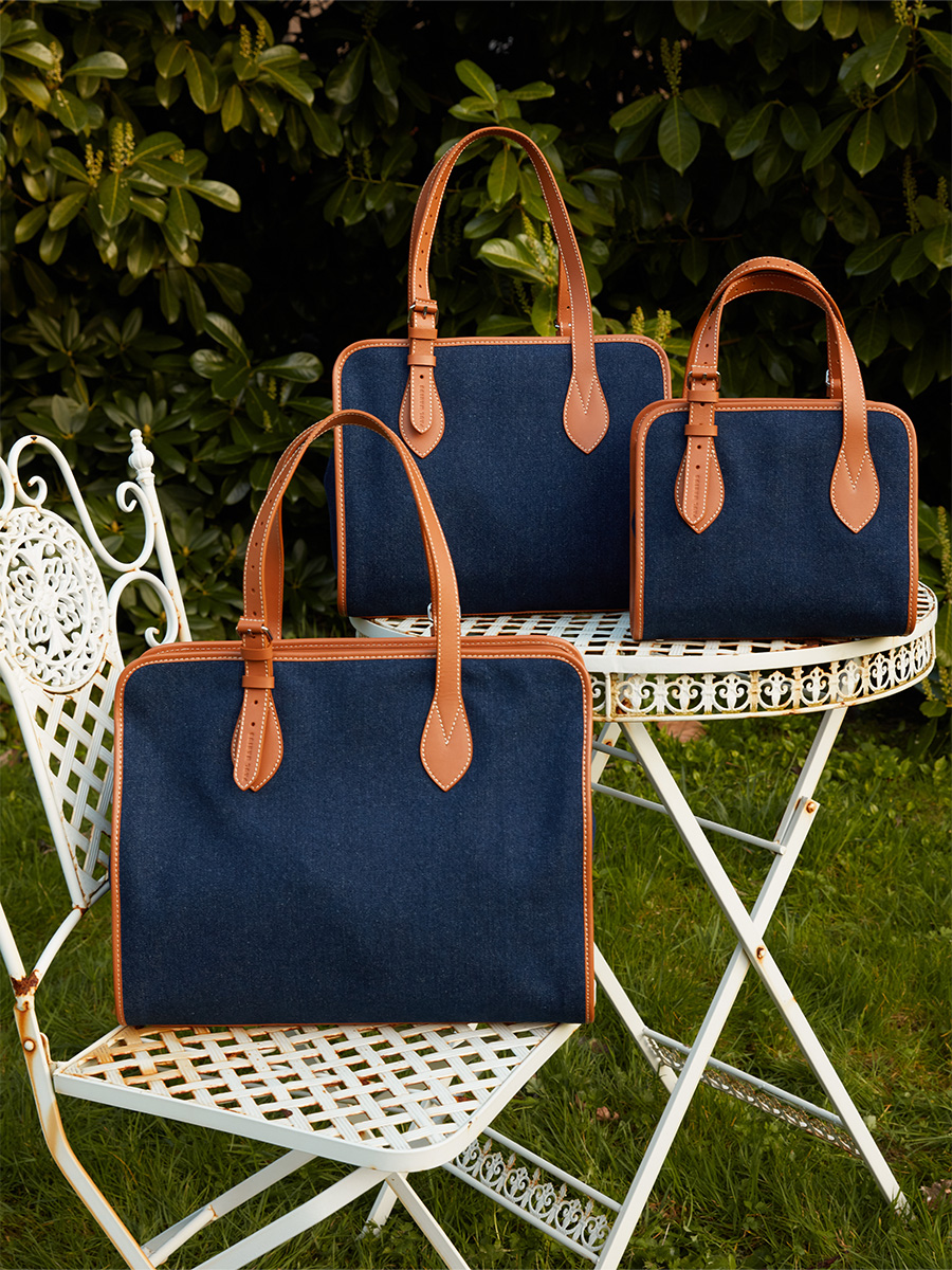 Mini blue jean & leather tote bag LeCabas S Escapade - Denim Brut focus material photo