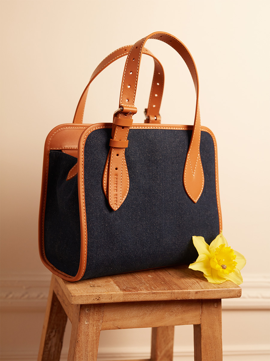 Mini blue jean & leather tote bag LeCabas S Escapade - Denim Brut back view