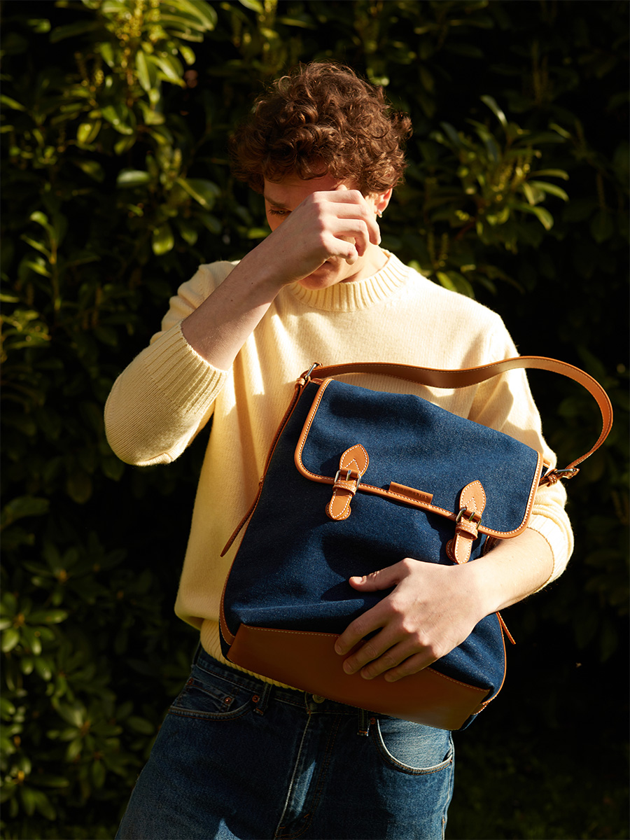 Large blue jean & leather crossbody bag Loulou L Escapade - Denim brut side view