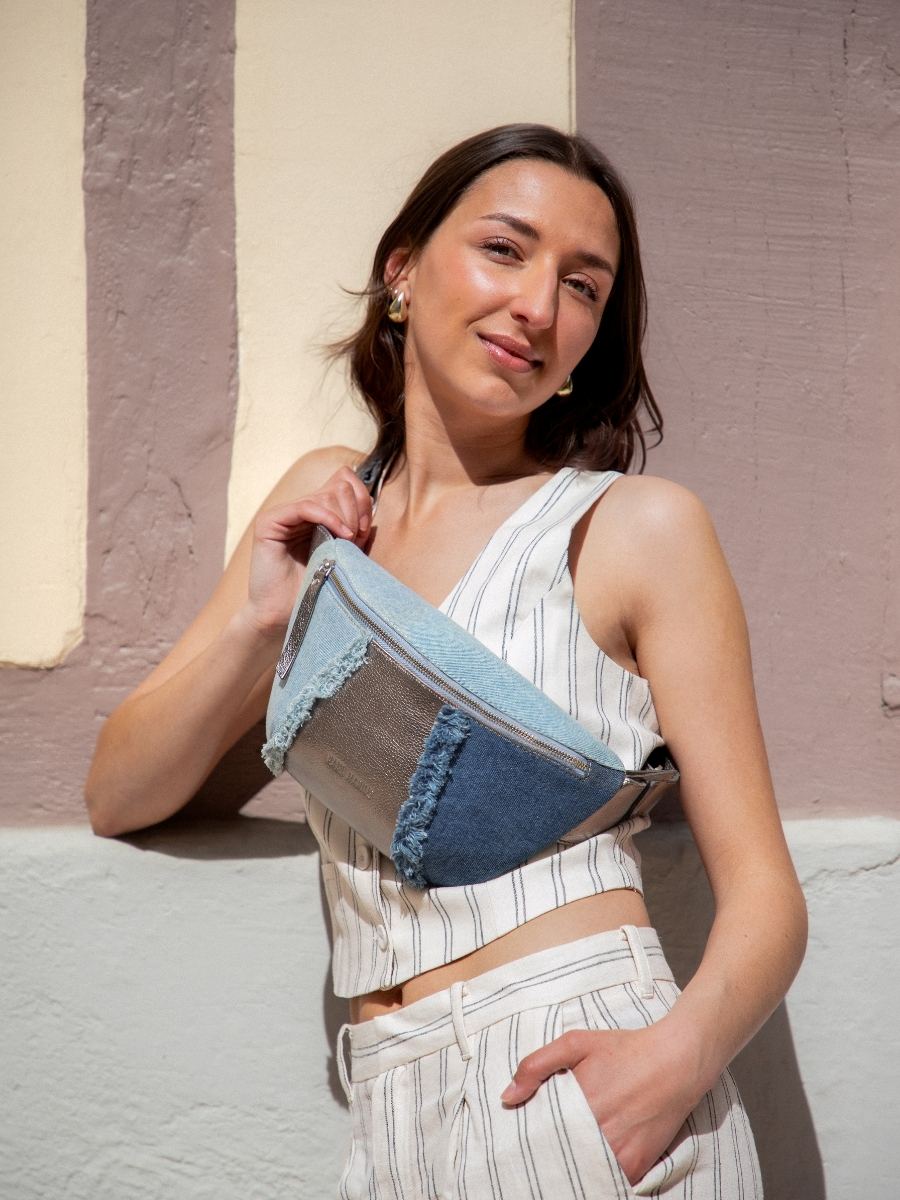 Denim and Silver Leather Fanny Packs Women LaBanane Denim Steel PAUL MARIUS