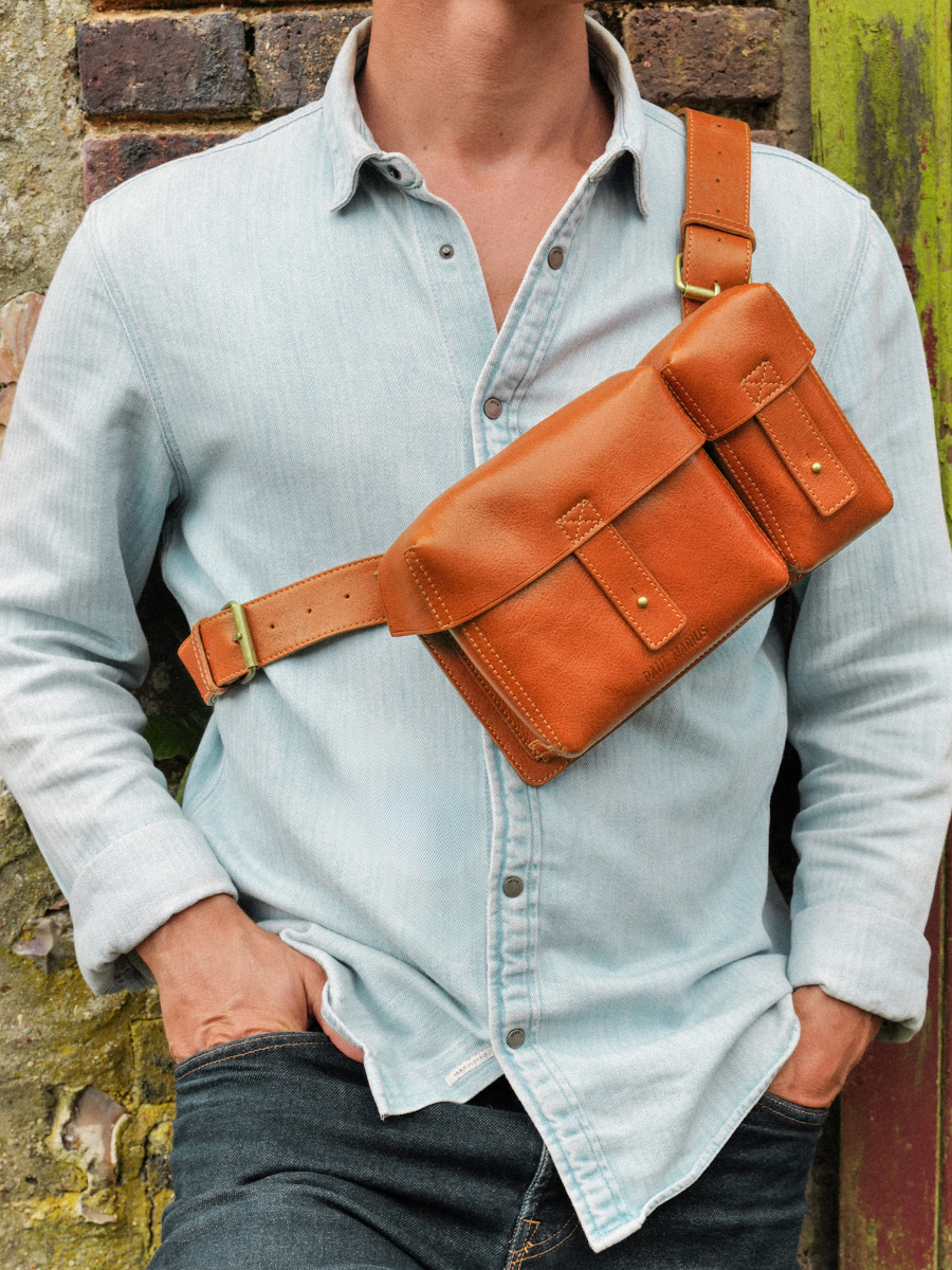 Brown Leather Crossbody Bag LaCartouchiere Oiled Cognac PAUL MARIUS