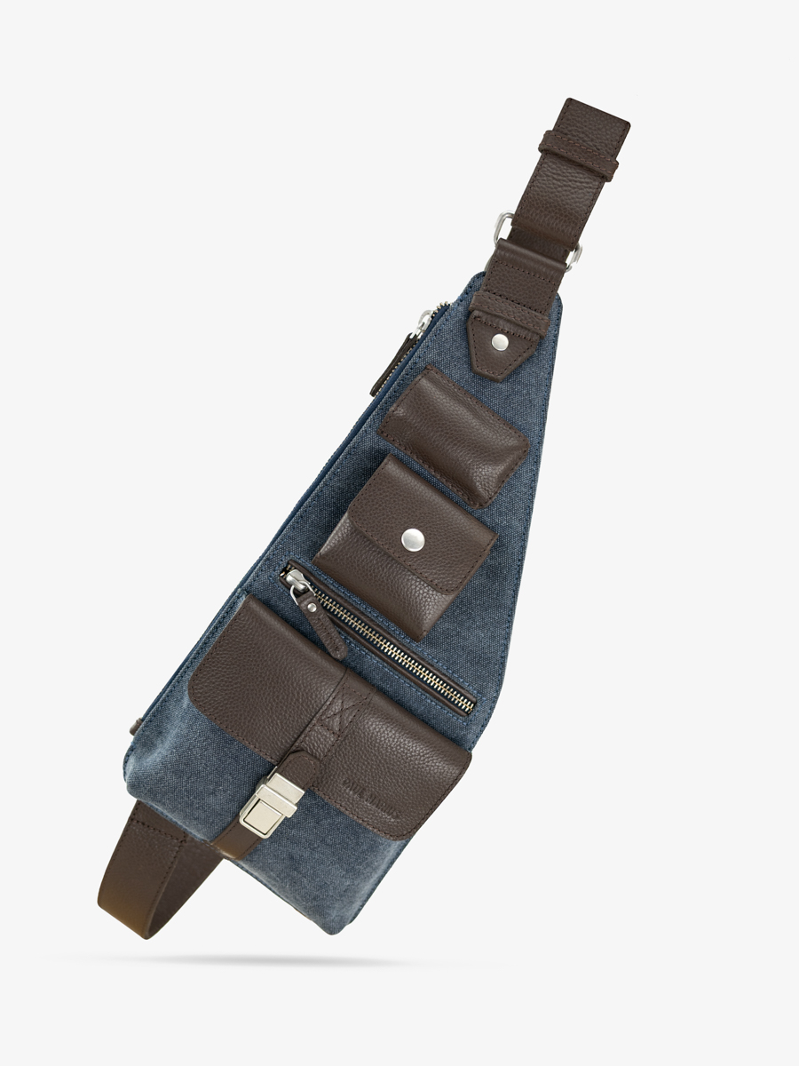 brown-blue-leather-shoulderbag-holster-cocoa-blue-canvas-front-view-w62-odbr-bluc