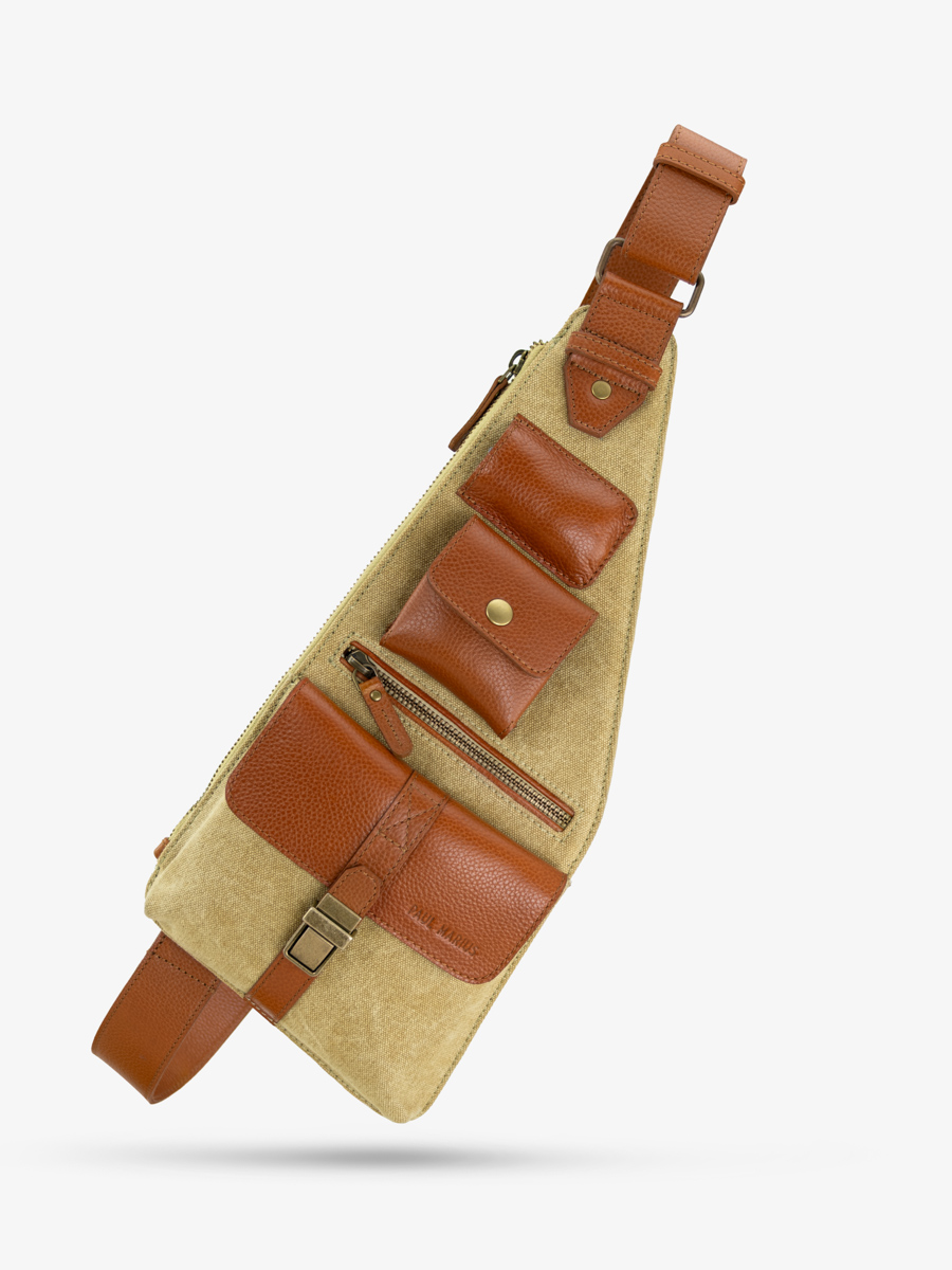 brown-green-leather-shoulderbag-holster-cognac-khaki-canvas-front-view-w62-oco-gc