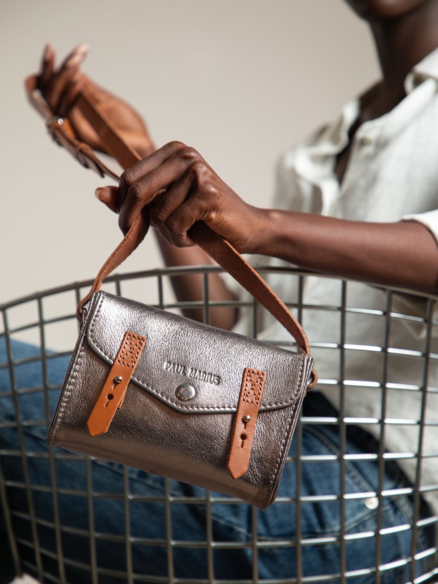 Silver Leather Mini Shoulder Bag for Women L Indispensable Steel PAUL MARIUS