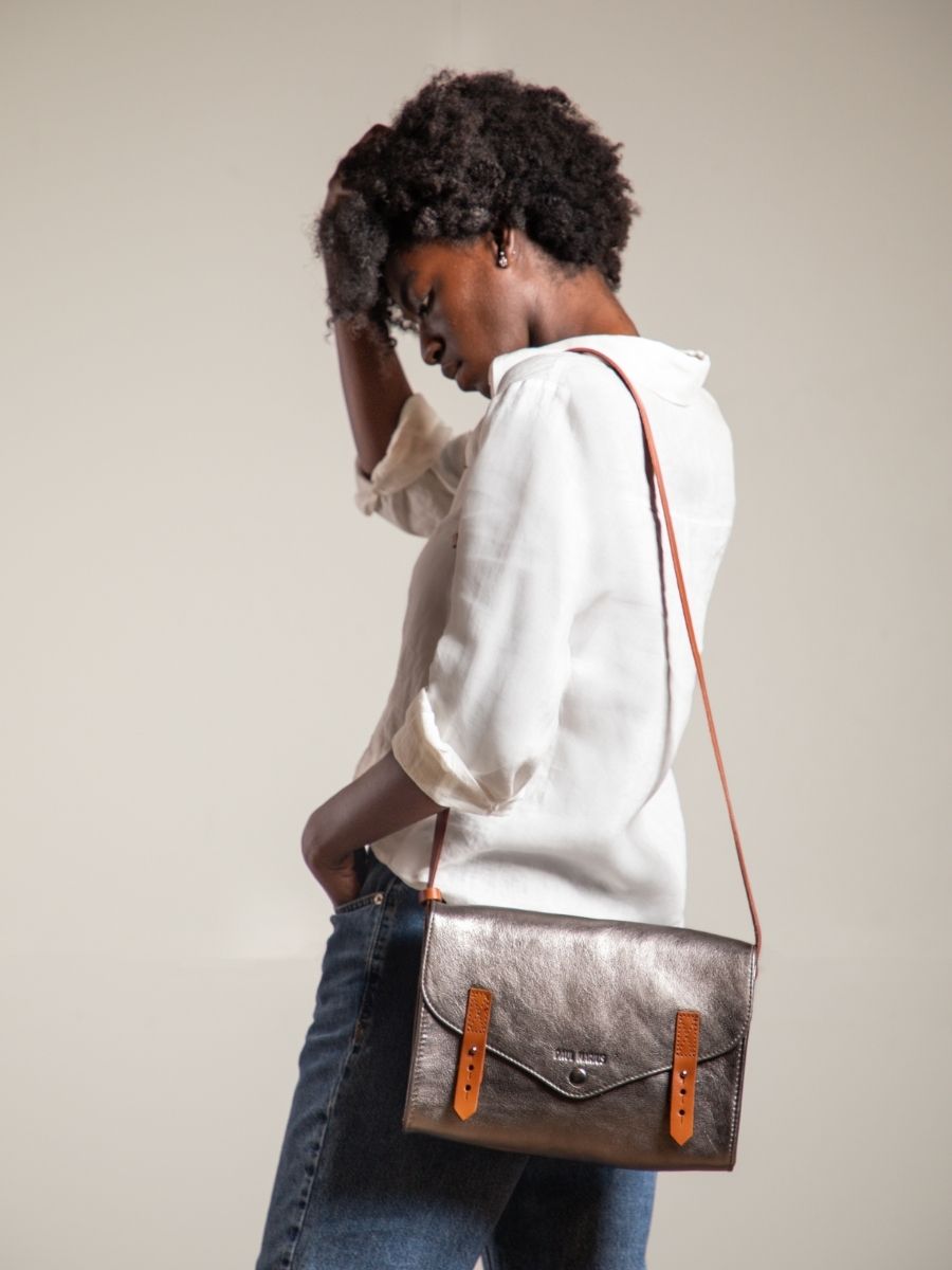 Silver Leather Shoulder Bag for Women L Indispensable Steel PAUL MARIUS