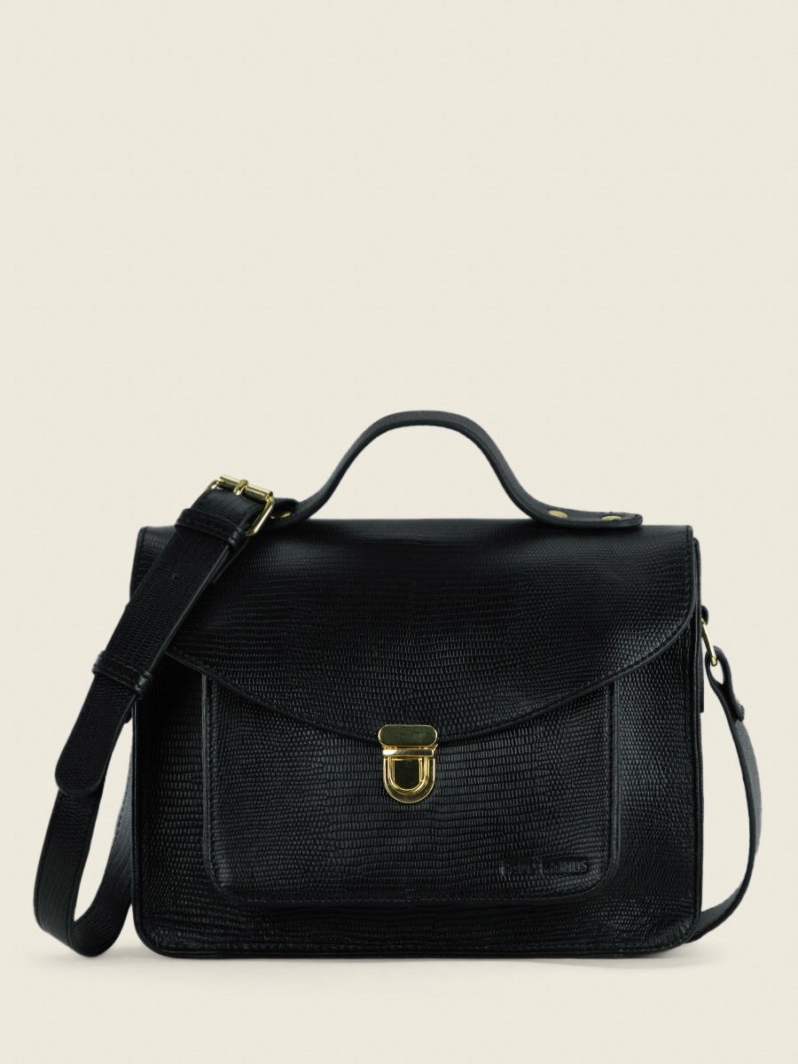 jet-black-leather-handbag-mademoiselle-george-1960-paul-marius-front-view-picture-w05-l-b