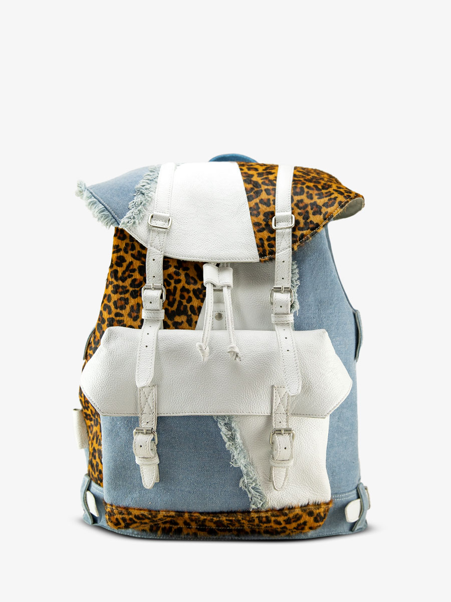white and leopard leather backpack for women MonLegionnaire Chimere Denim White PAUL MARIUS