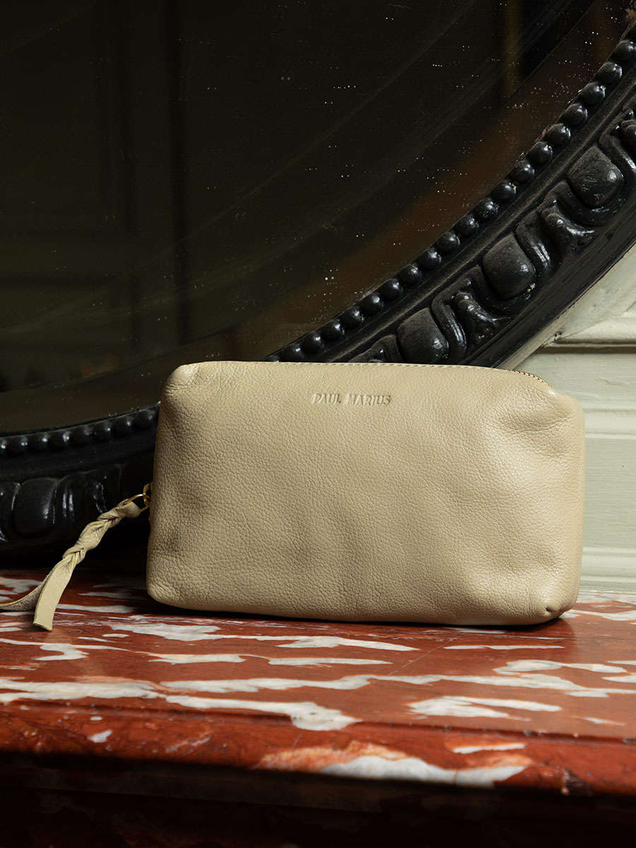 Green Leather Makeup Bag Adele Art Deco Almond PAUL MARIUS