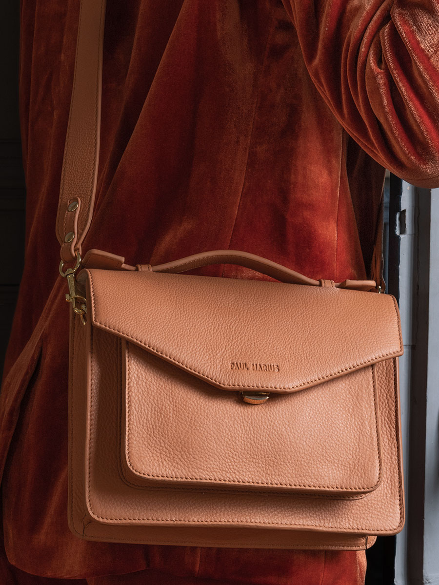 Brown Leather Cross Body Bag for Women Simone Art Deco Caramel PAUL MARIUS