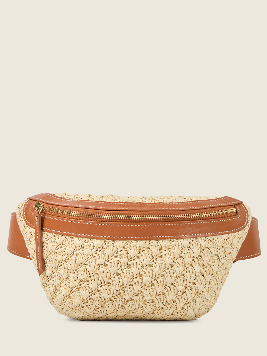 Leather and raffia fanny pack LaBanane Raphia - Natural / Cognac front view
