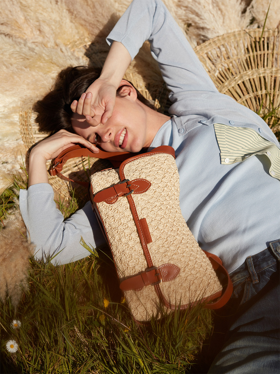 Raffia and leather crossbody bag Loulou Raphia - Natural / Cognac side view