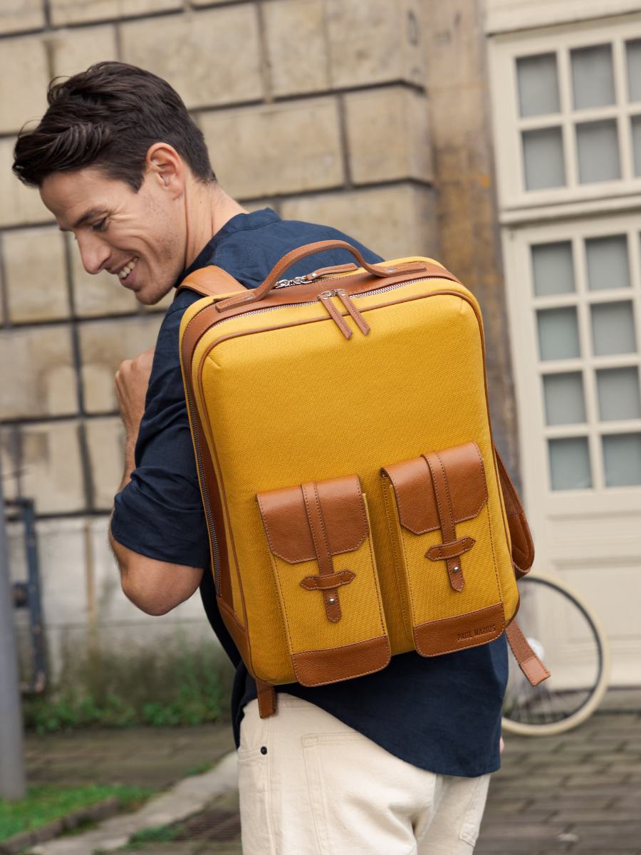 leather backpack unisex brown and saffron Urbain Light Brown Saffron Canvas PAUL MARIUS