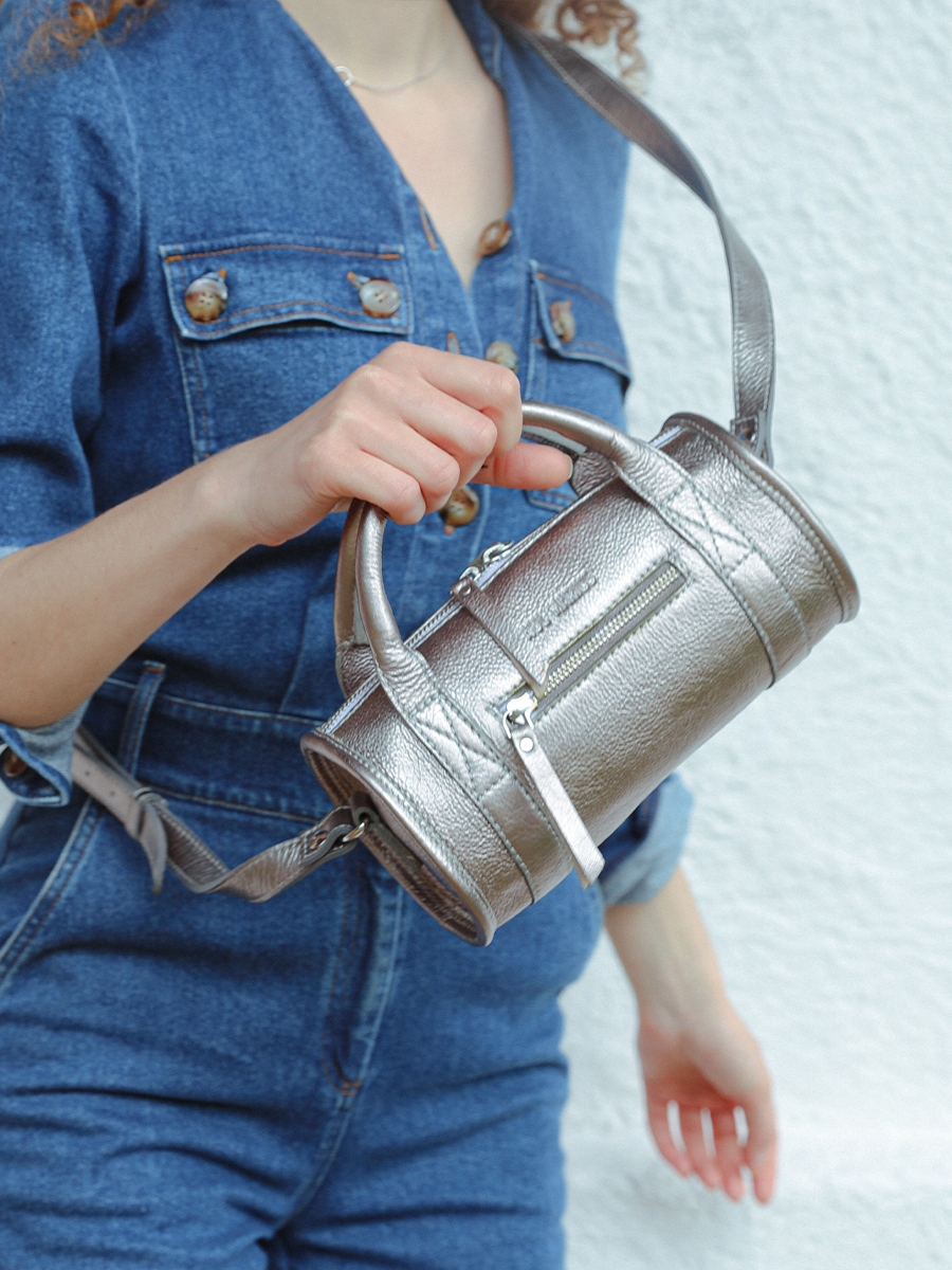 Small Silver Leather Bowling Bag Women - Charlie Steel