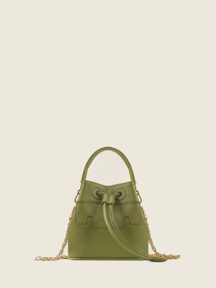 Green Leather Mini Bucket Bag for Women - Capucine XS Olive Green | PA