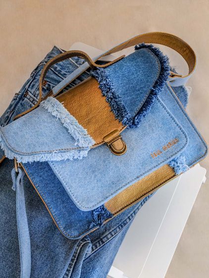 Denim blue leather handbag deals
