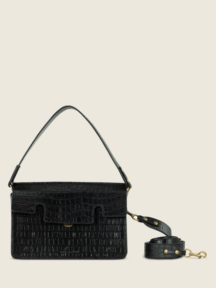 Black Leather Baguette Bag for Women - Gabrielle Héritage Jet Black |