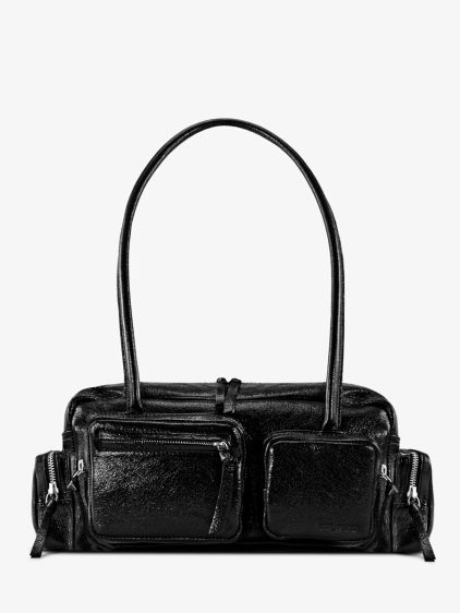 Shimmering Black Leather Multipockets Bag Unisex - LeBasset 90's Eclip