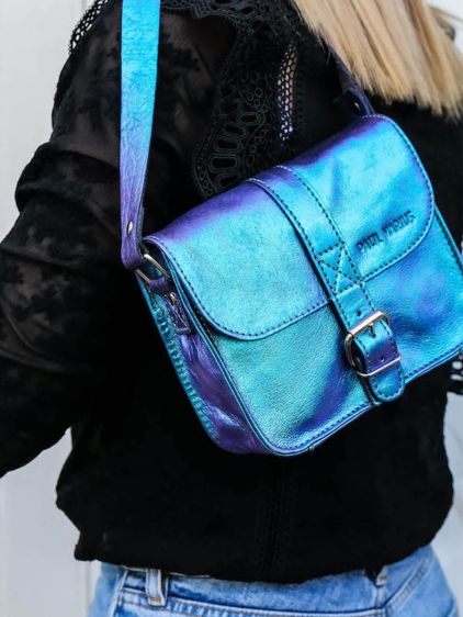 Blue Metallic Small Leather Shoulder Bag for Women L Essentiel Beetle PAUL MARIUS