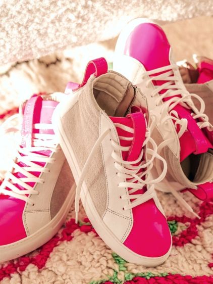 Hot pink and white sneakers discount