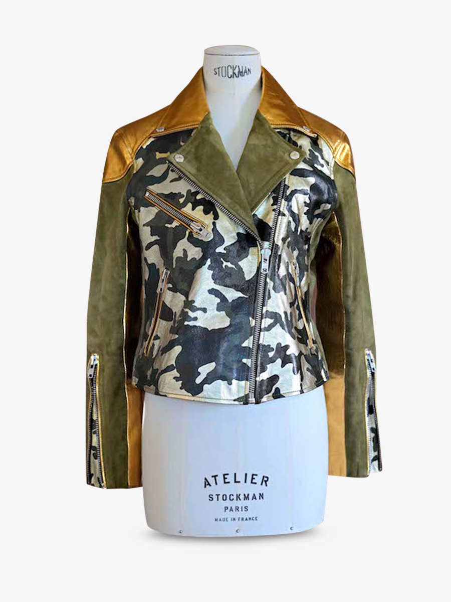 leather-women-jacket-perfecto-brown-green-rear-view-picture-leperfecto-khaki-gold-canvas-camouflage-paul-marius-3760125351414