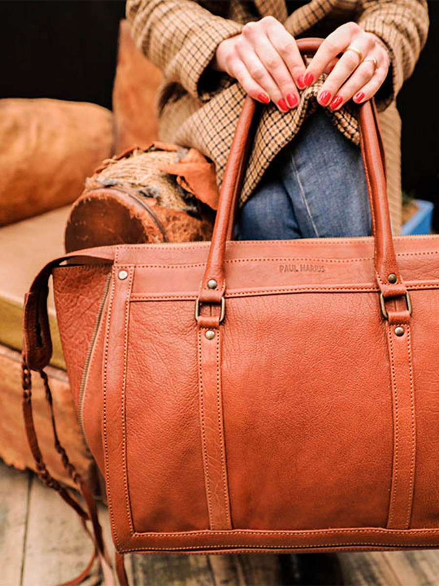 leather hand bag for women Brown LeRive Droite L Light Brown PAUL MARIUS