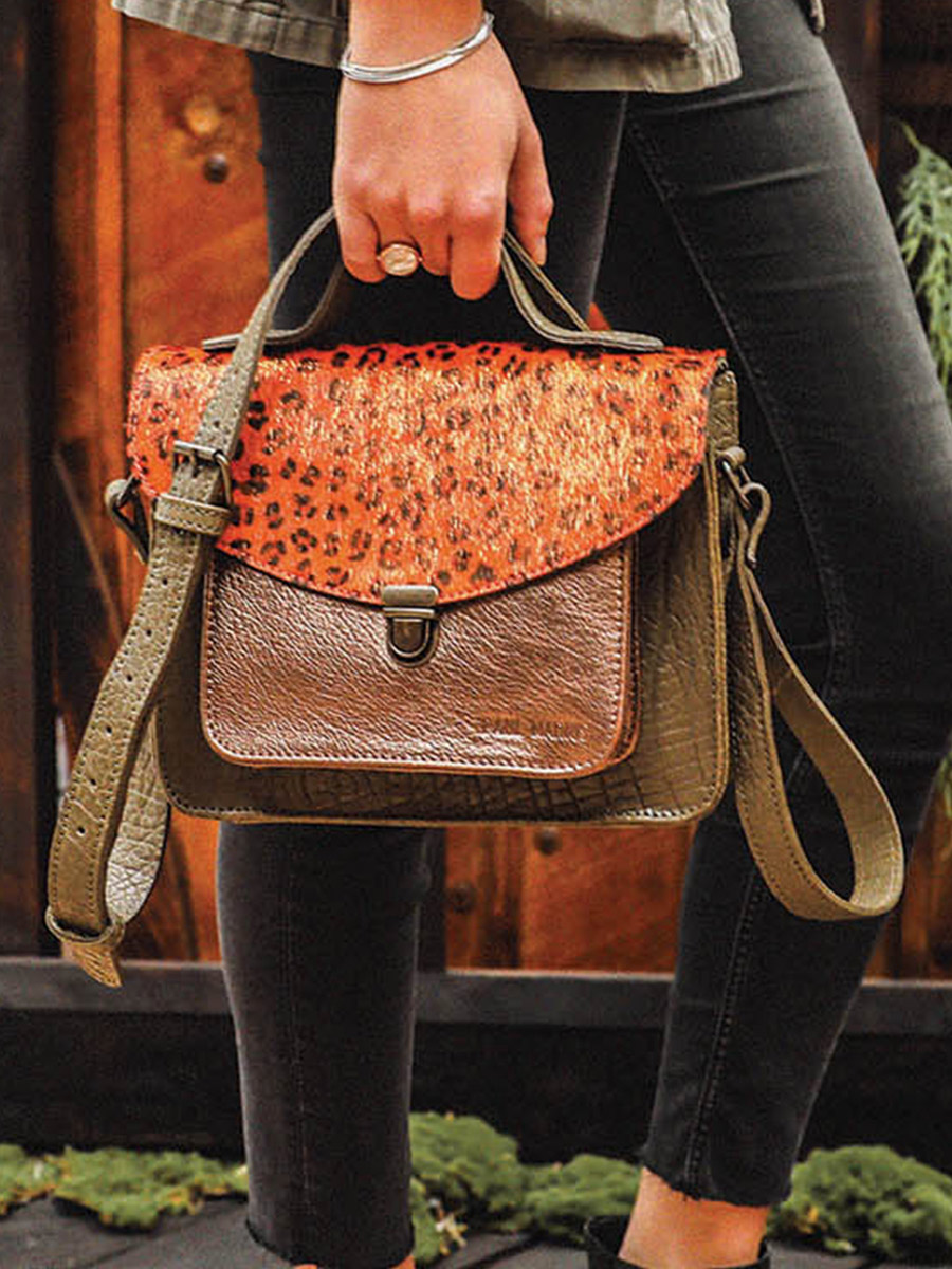 leather hand bag for woman Orange Copper Mademoiselle George L opard Orange Copper PAUL MARIUS