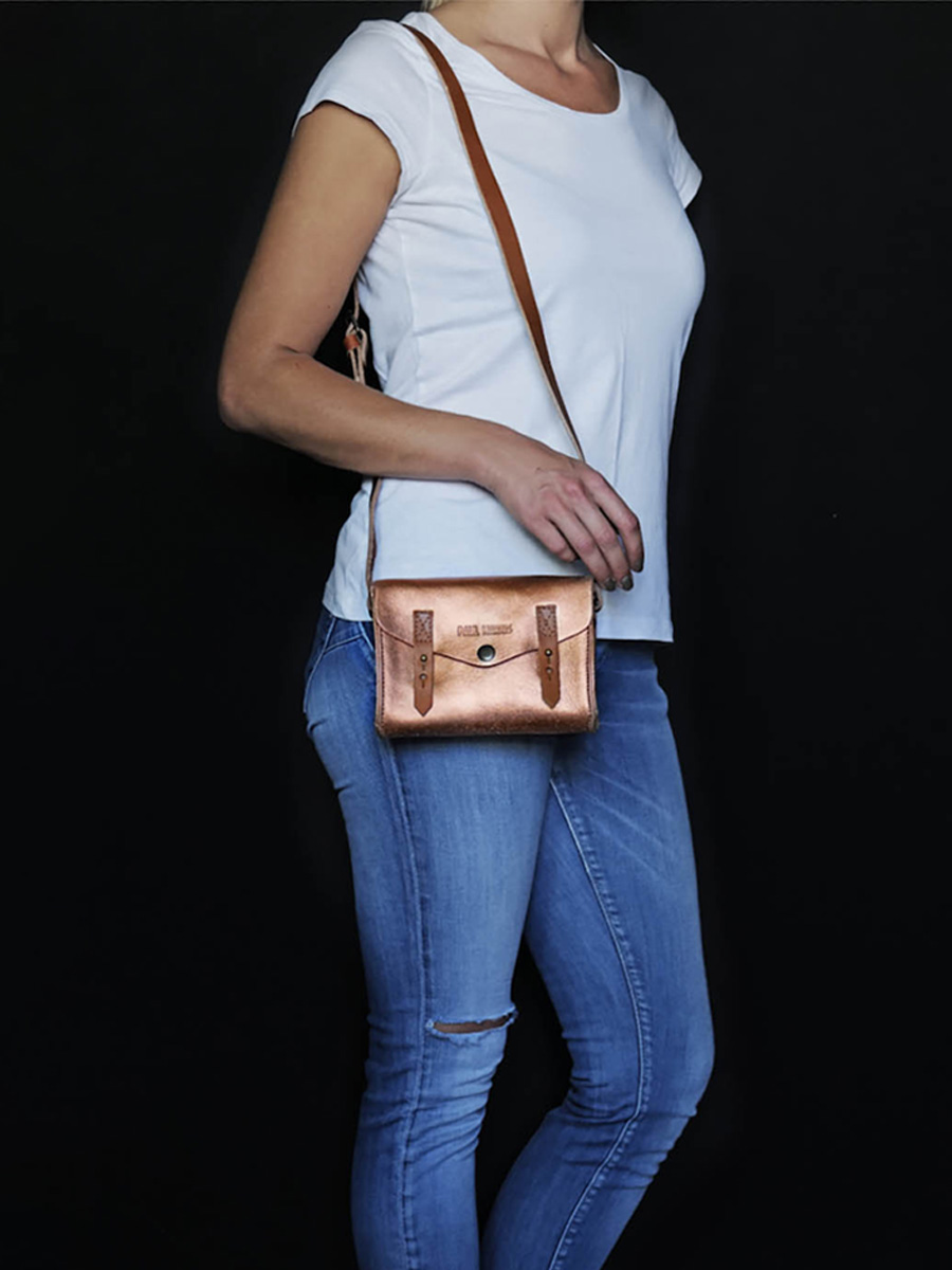 Rose Gold Leather Shoulder Bag Le Mini Indispensable Rose Gold PAUL MARIUS