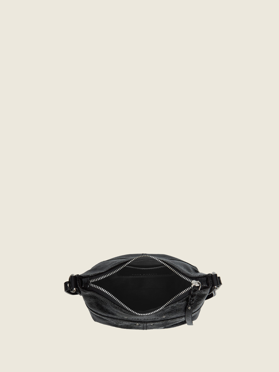 Inside view photo, small metallic black leather shoulder bag, PAUL MARIUS LeLoustic Eclipse