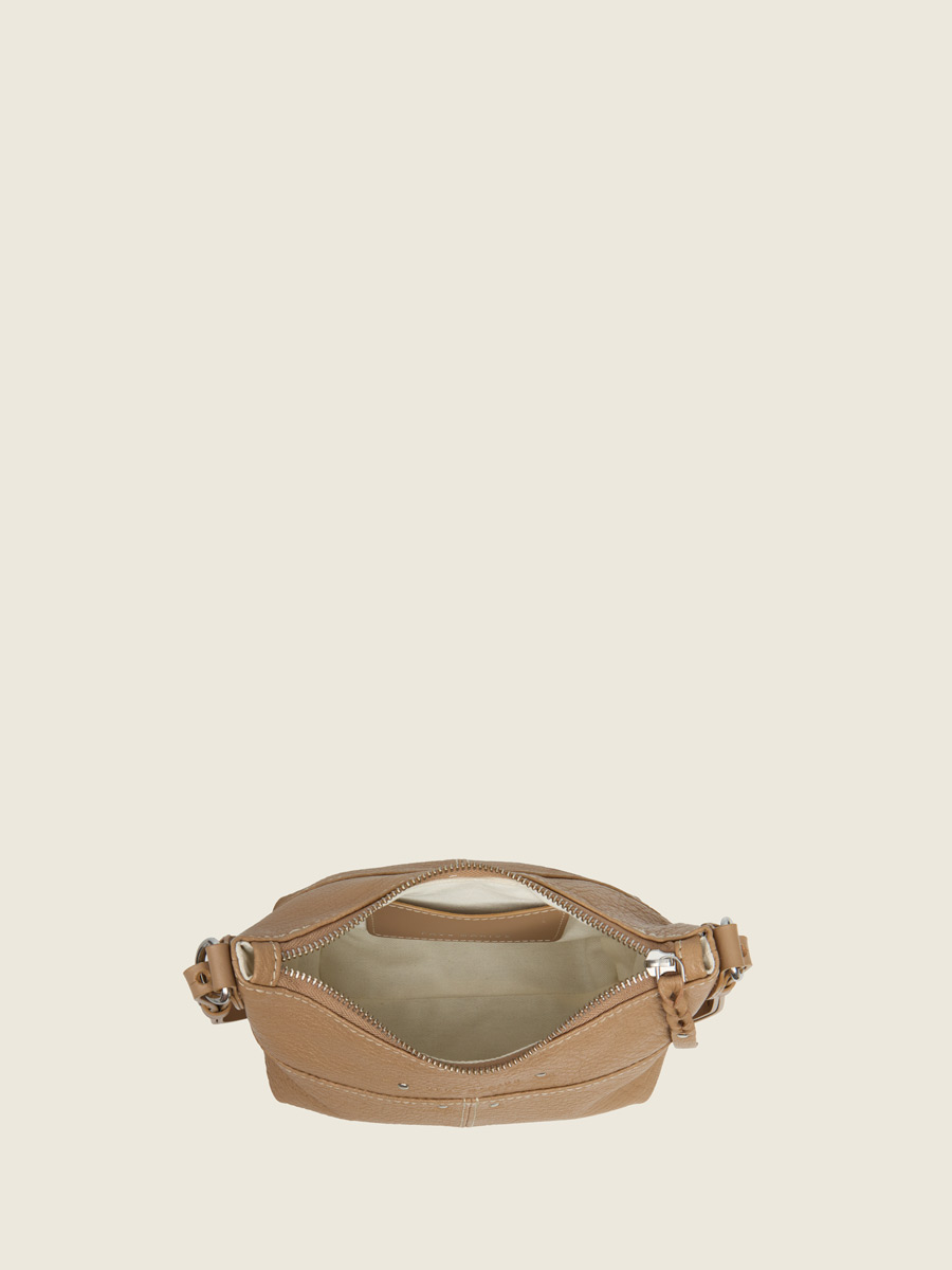 Inside view photo, small taupe leather shoulder bag, PAUL MARIUS LeLoustic Taupe
