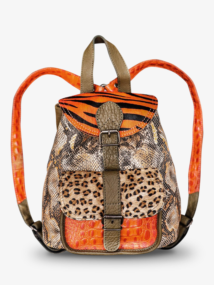 leather-backpak-for-woman-orange-green-front-view-picture-lebaroudeur-chimere-orange-khaki-paul-marius-3760125336978
