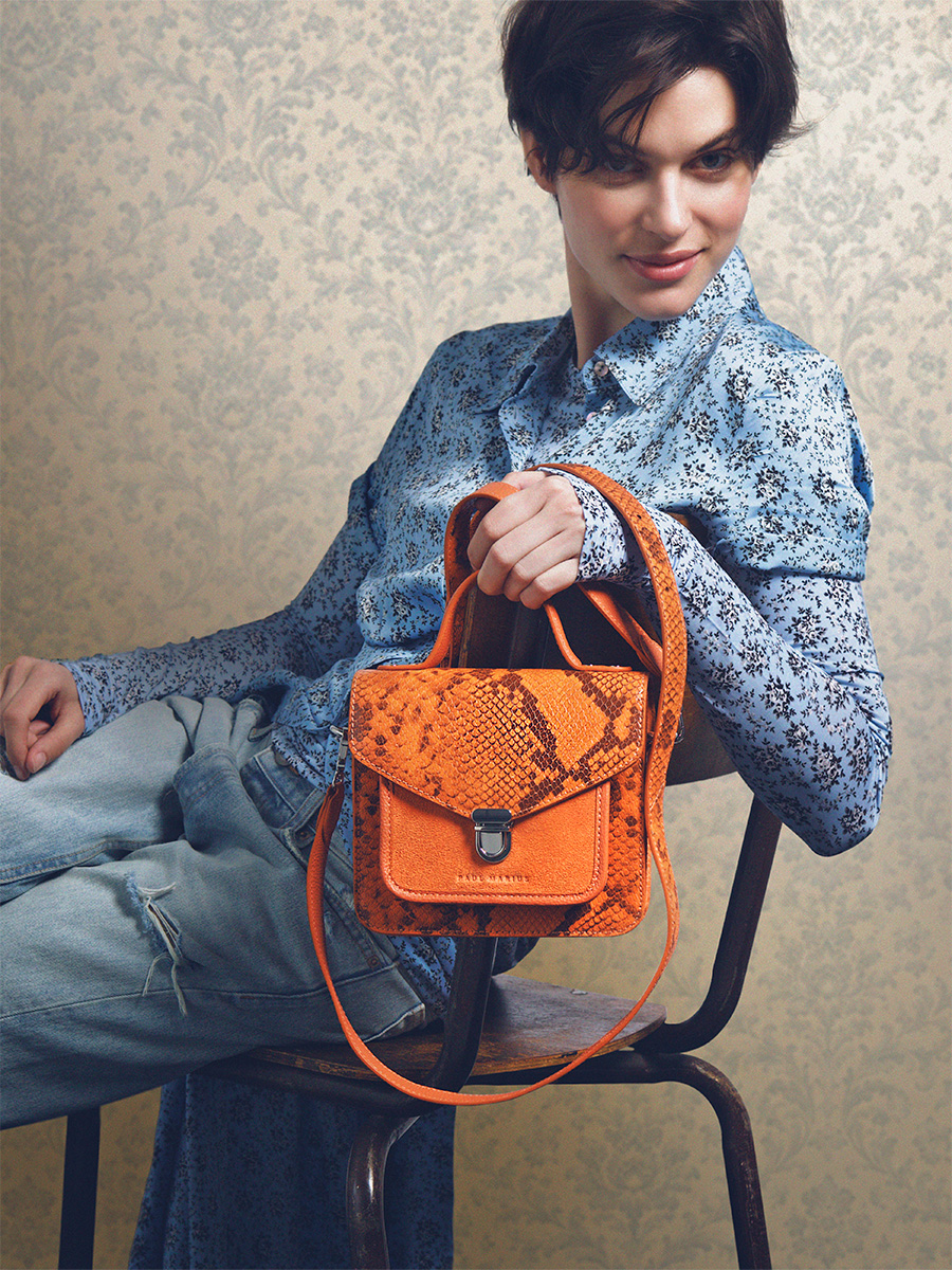 Amber python leather handbag Mademoiselle George XS Python - Amber side view