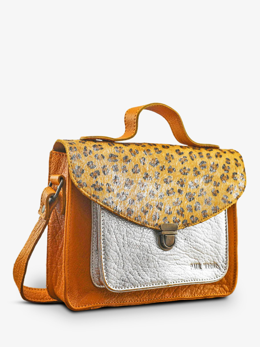 leather hand bag for woman Yellow Silver Mademoiselle George Leopard Saffron Silver PAUL MARIUS